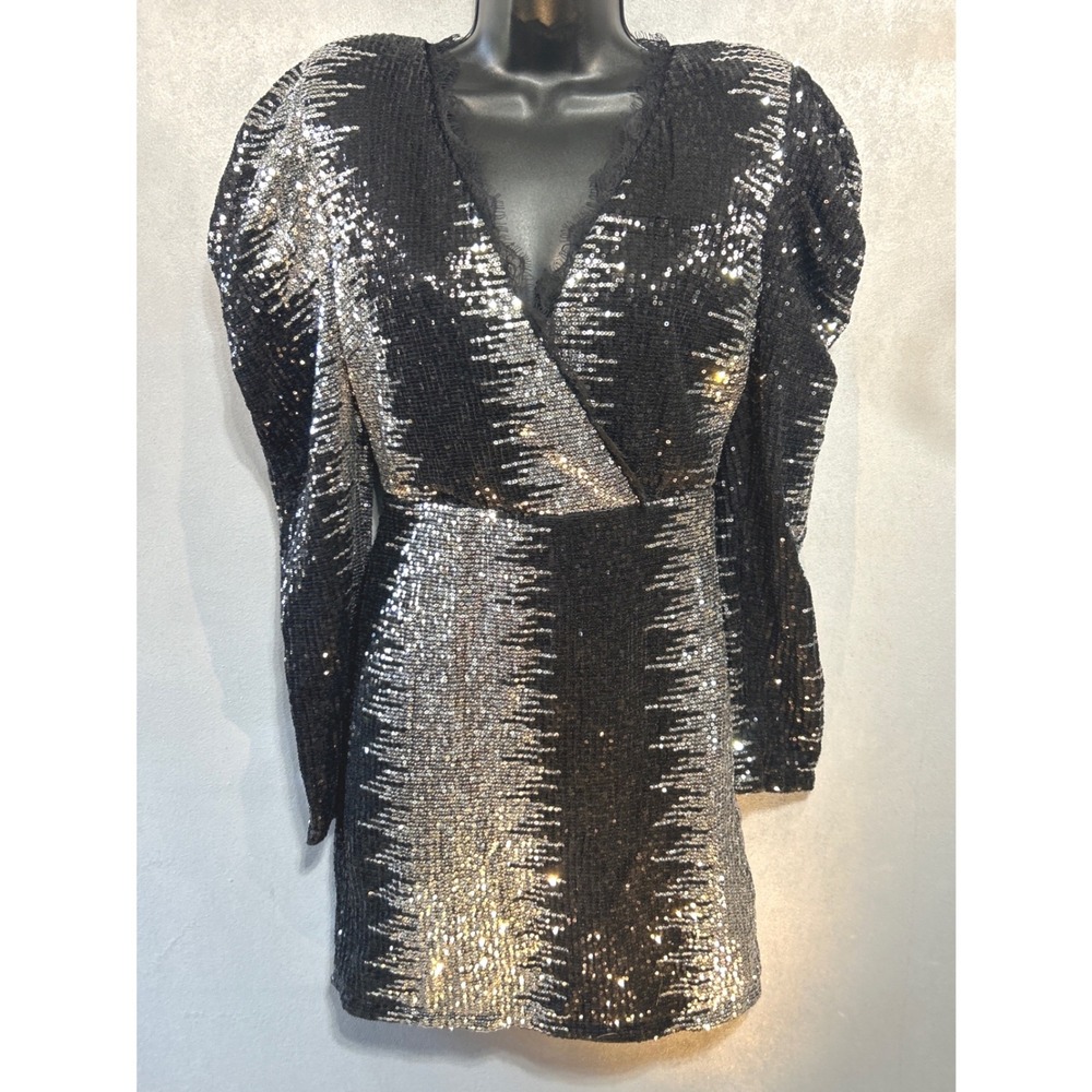 The Sang Silver Black Sequin Striped Puff Sleeve Lace Trim Mini Dress Small